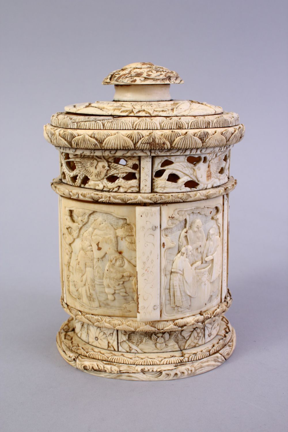 A GOOD QUALITY EARLIER 19TH CENTURY CARVED IVORY IMMORTAL SHRINE, carved in relief to depict - Image 2 of 10