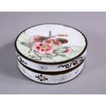 A FINE CHINESE CANTON ENAMEL CYLINDRICAL BOX & COVER, top decorated with a bat amongst flora and