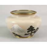 A JAPANESE MEIJI PERIOD SILVER WIRE CLOISONNE VASE - MT FUJI, the squat form vase with a