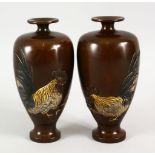 A PAIR OF JAPANESE MEIJI PERIOD BRONZE & MIXED METAL COCKEREL VASES - SIGNED, the bronze vases