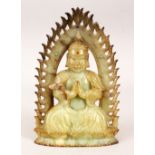A LOVELY CHINESE CARVED JADE AND INLAID TURQUOISE & STONE BUDDHA / DEITY, in a seated position in