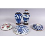 TWO 18TH / 19THE CENTURY CHINESE BLUE & WHITE VASES & THREE 18TH C PORCELAIN LIDS, the vases once