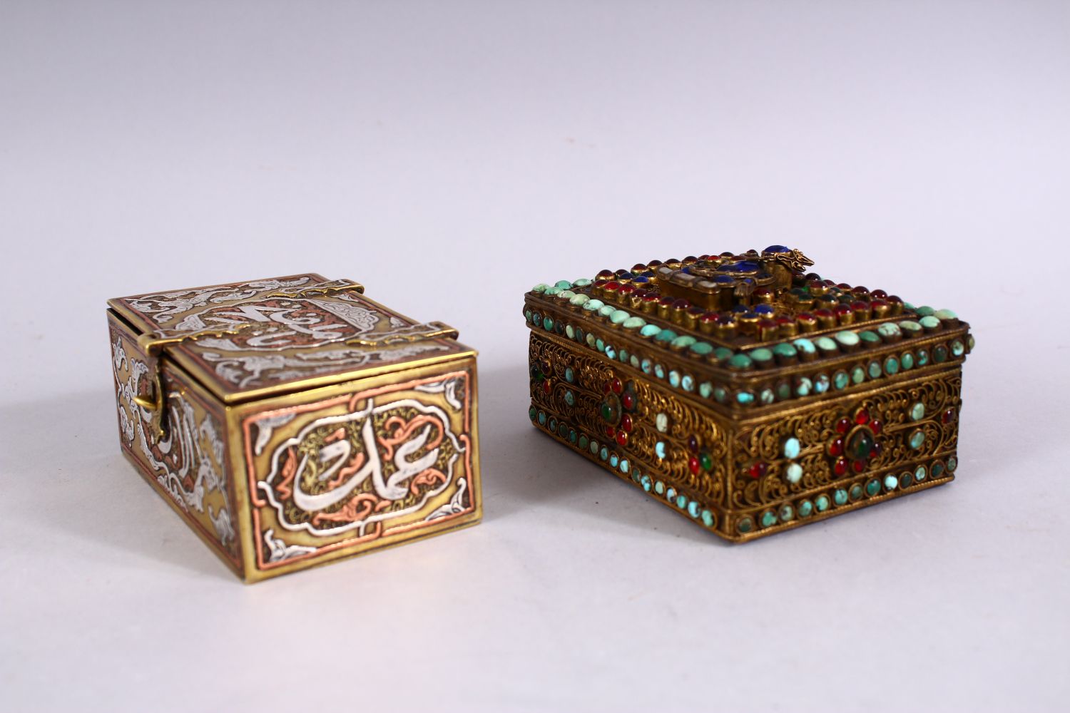 TWO GOOD ISLAMIC / INDIAN LIDDED MIXED METAL CALLIGRAPHIC BOXES, One with silver inlays of - Image 2 of 7