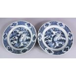 TWO CHINESE WANLI PERIOD BLUE & WHITE PORCELAIN SHIPWRECK PLATES - with peacock design, 27cm