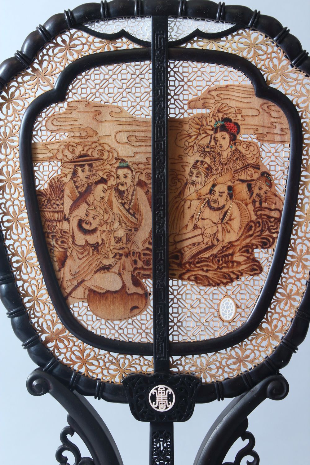 A VERY GOOD CHINESE EBONY, SANDLEWOOD AND IVORY DOUBLE SIDED FAN & STAND, the fan with pierced, - Image 2 of 7