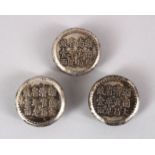 THREE CHINESE SILVERED CALLIGRAPHIC BUTTONS / COUNTERS / WEIGHTS, 3CM.