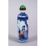 A CHINESE COPPER RED AND UNDERGLAZE BLUE PORCELAIN SNUFF BOTTLE, decorated with figures seated in