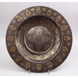 A LARGE 18TH / 19TH CENTURY NORTH INDIAN SILVER AND GOLD INLAID CHARGER, with floral inlays, 34.