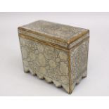 A FINE DAMASCUS CAIROWARE SILVER INLAID BRASS CASKET, with calligraphic panel decoration, 16cm