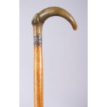 A 19TH CENTURY RHINOCEROS HORN HANDLED MALACCA WALKING STICK, 91cm.