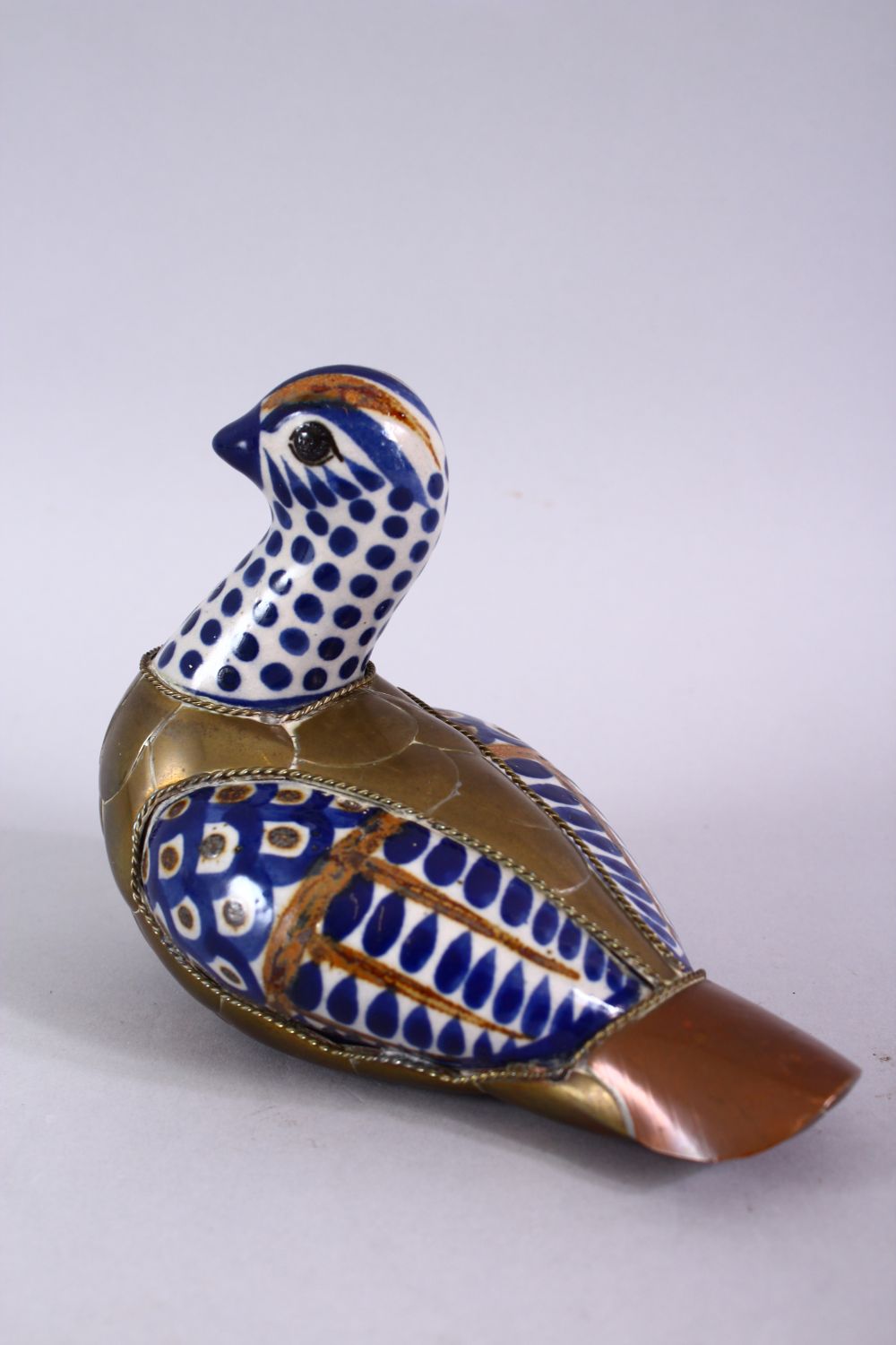 A GOOD ISLAMIC PORCELAIN AND METAL BOUND FIGURE OF A BIRD, the porcelain panels with blue brown - Image 5 of 9