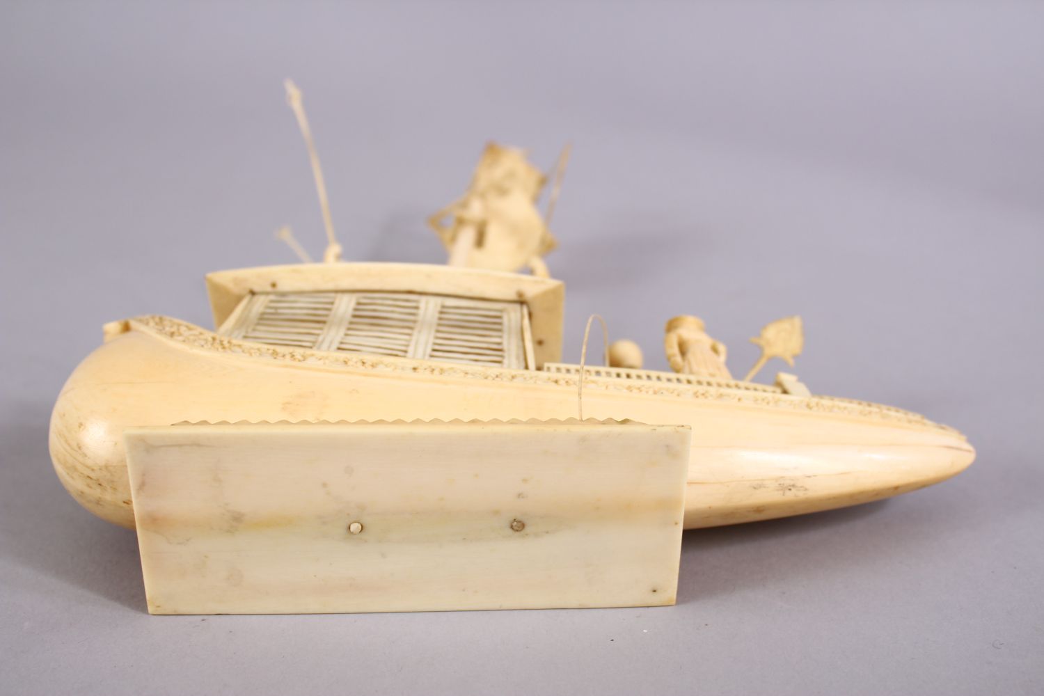 A FINELY CARVED 19TH CENTURY INDIAN IVORY BOAT WITH FISHERMEN, with fine strands of sails, six - Image 11 of 11