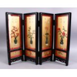 A GOOD CHINESE FOUR FOLD HARDSTONE INLAID SCREEN, each panel inlaid and glazed depicting a native