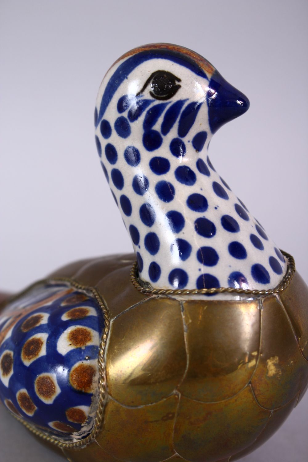 A GOOD ISLAMIC PORCELAIN AND METAL BOUND FIGURE OF A BIRD, the porcelain panels with blue brown - Image 7 of 9