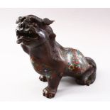 A 19TH CENTURY CHINESE BRONZE & CLOISONNE MODEL OF A LION DOG, the dog in a seated position