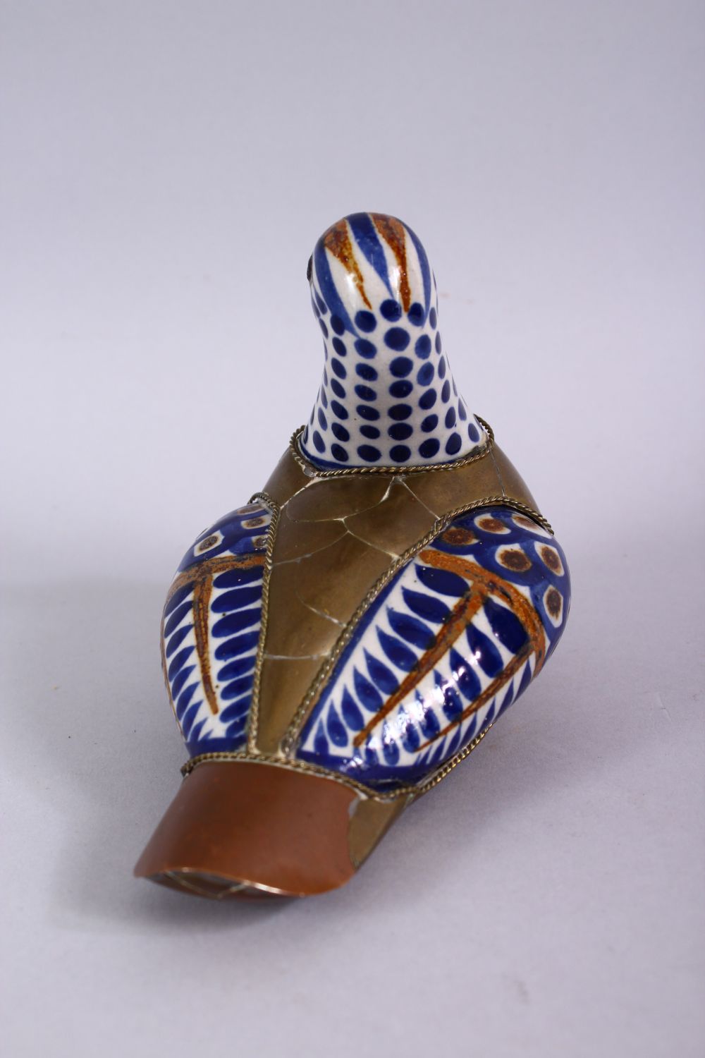 A GOOD ISLAMIC PORCELAIN AND METAL BOUND FIGURE OF A BIRD, the porcelain panels with blue brown - Image 4 of 9