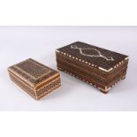TWO FINE 19TH CENTURY PERSIAN MICRO - MOSAIC INLAID WOODEN LIDDED BOXES, 20cm x 11cm.