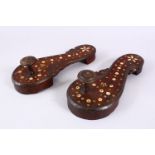 A GOOD PAIR OF TURKISH INLAID HARDWOOD BATH SHOES, 25cm x 10cm