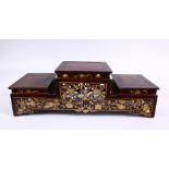 A FINE 19TH CENTURY CHINESE THREE TIER CARVED HARDWOOD & MOTHER OF PEARL STAND, the carved panels
