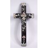 A 19TH CENTURY CHINESE CARVED HARDWOOD AND INLAID MOTHER OF PEARL CRUCIFIX, inlaid to depict an