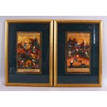 A GOOD PAIR OF 19TH / 20TH CENTURY INDIAN FRAMED MUGHAL MINIATURES, each depicting scenes of figures