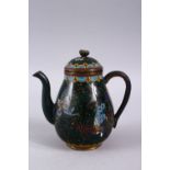 A GOOD JAPANESE MEIJI PERIOD GREEN & GOLD SPECK CLOISONNE TEA POT, decorated with butterfly, with
