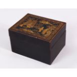 A 19TH / 20TH CENTURY CHINESE LACQUER LIDDED BOX, decorated with figures in village scenes, 11.5cm x