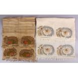 TWO TURKISH OTTOMAN HAMAM EMBROIDERED TOWELS, one with floral scroll embroidery.