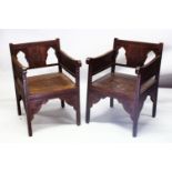A GOOD PAIR OF 19TH CENTURY JEWISH JUDAICA CARVED WOOD ARM CHAIRS, carved with the star of David and