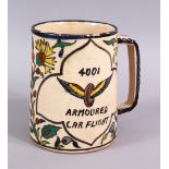 AN UNUSUAL JERUSALEM ARMINIAN GLAZED POTTERY TANKARD, Painted with floral spray and a panel of