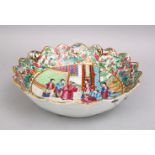 A 19TH CENTURY CHINESE CANTON FAMILLE ROSE PORCELAIN LOBED BOWL, the body of the bowl with panel