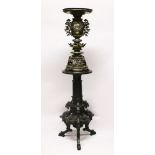 A LARGE JAPANESE MEIJI PERIOD SECTIONAL BRONZE & MIXED METAL INLAID VASE & HARDWOOD STAND, The