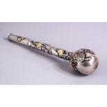 A FINE 19TH CENTURY CHINESE SOLID SILVER & ENAMEL PARASOL HANDLE - SIGNED , the handle decorated