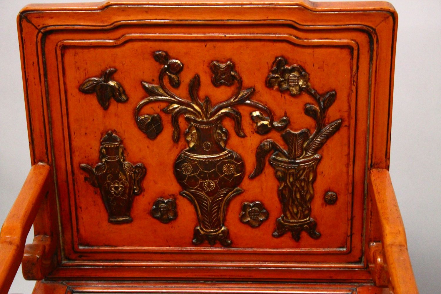 A GOOD PAIR OF CHINESE HARDWOOD & LACQUER CARVED ARM CHAIRS, the backs with floral display lacquer - Image 2 of 3