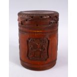 A 19TH CENTURY CHINESE CARVED BAMBOO LIDDED BRUSH POT, carved with panels of figures, animals and