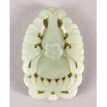 A GOOD 19TH / 20TH CENTURY CHINESE CARVED CELADON JADE PENDANT - DOUBLE GOURD, a double gourd sat