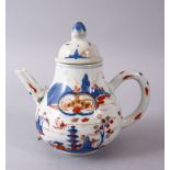 A 19TH CENTURY CHINESE IMARI PORCELAIN TEA POT & COVER, with typical coral imari decoration and