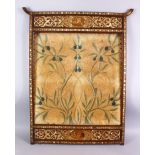 A LARGE MOTHER OF PEARL INLAID WOOD FIRE SCREEN - WITH AN EMBROIDERED NOVEAU STYLE PANEL, 89cm