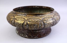 A GOOD 19TH CENTURY INDONESIAN SUMATRA CAST BRASS BOWL, convex sides with panels of foliage