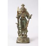 A FINE 17TH / 18TH CENTURY INDIAN BRONZE FIGURE OF RAMA, holding a staff with a snake, 21cm high,