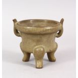 A SMALL CHINESE SONG STYLE TRIPLE FOOT TWIN HANDLE POTTERY CENSER, 7cm high x 8cm wide.