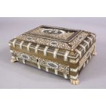 A 19TH CENTURY ANGLO INDIAN HORN & IVORY BOX, with carved ivory openwork on horn, with incised and