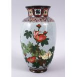 A JAPANESE MEIJI PERIOD CLOISONNE VASE, the vase with a pale grey ground with native displays of