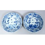 A PAIR OF CHINESE 18TH CENTURY BLUE & WHITE PORCELAIN PLATES, the body decorated with a landscape