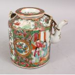 A 19TH CENTURY CHINESE CANTON FAMILLE ROSE PORCELAIN TEA POT, with panel decoration of figures