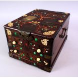 A SMALLER 19TH CENTURY CHINESE INLAID HARDWOOD VANITY BOX, inlaid with ivory, coral and hard stone
