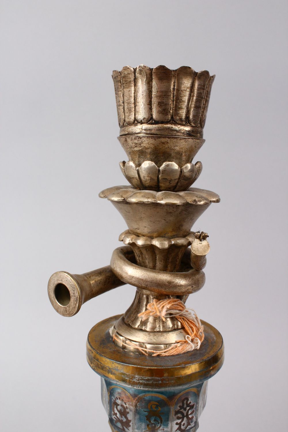 A 19TH CENTURY BOHEMIAN GILT GLASS HUQQA BASE WITH A WHITE METAL TOP, 38cm. - Image 3 of 4