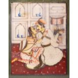 A GOOD 19TH CENTURY PERSIAN MINIATURE PAINTING ON IVORY OR MICA, of two intimate figures interior,