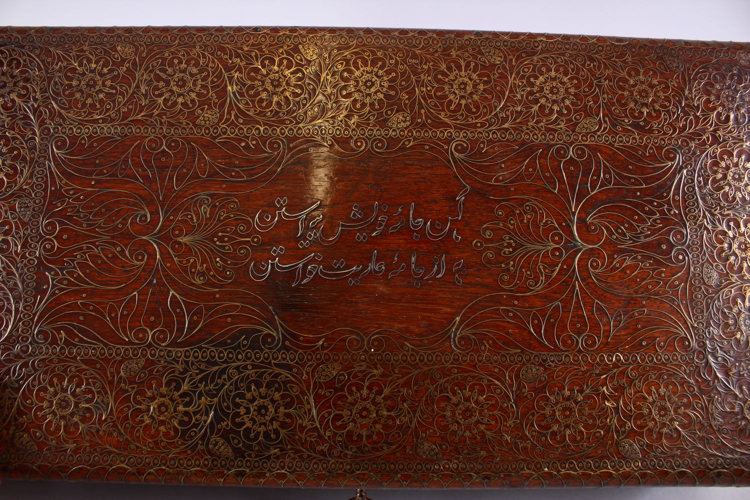 A FINE 19TH CENTURY INDO PERSIAN SILVER AND BRASS INLAID WOODEN BOX, with inlaid formal scroll - Image 3 of 7