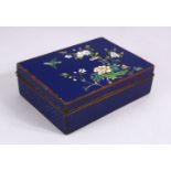 A JAPANESE MEIJI PERIOD BLUE GROUND CLOISONNE HINGED LIDDED BOX, the lid with a blue ground and